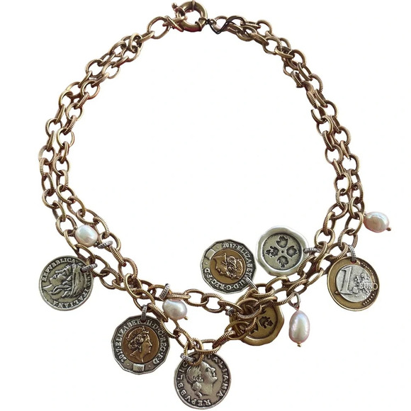 Patricia Nash Gold Double Charm World Coin Necklace - Picture 5 of 6